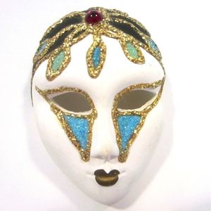 Hand Painted Gold & Blue Chalkware Gemmed Venetian Decorative Mask